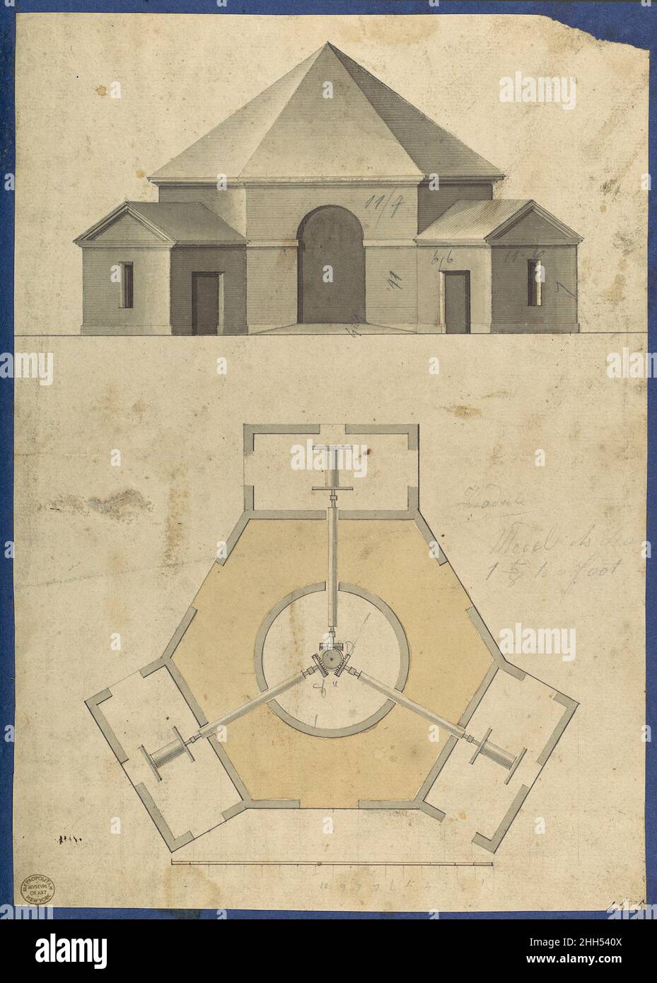Outbuilding with Three Gears, from Chippendale Drawings, Vol. II ca. 1760–1800 Thomas Chippendale British Design for a mill or pump. Not published in Thomas Chippendale's 'Gentleman and Cabinet Maker's Director'.. Outbuilding with Three Gears, from Chippendale Drawings, Vol. II  390685 Stock Photo