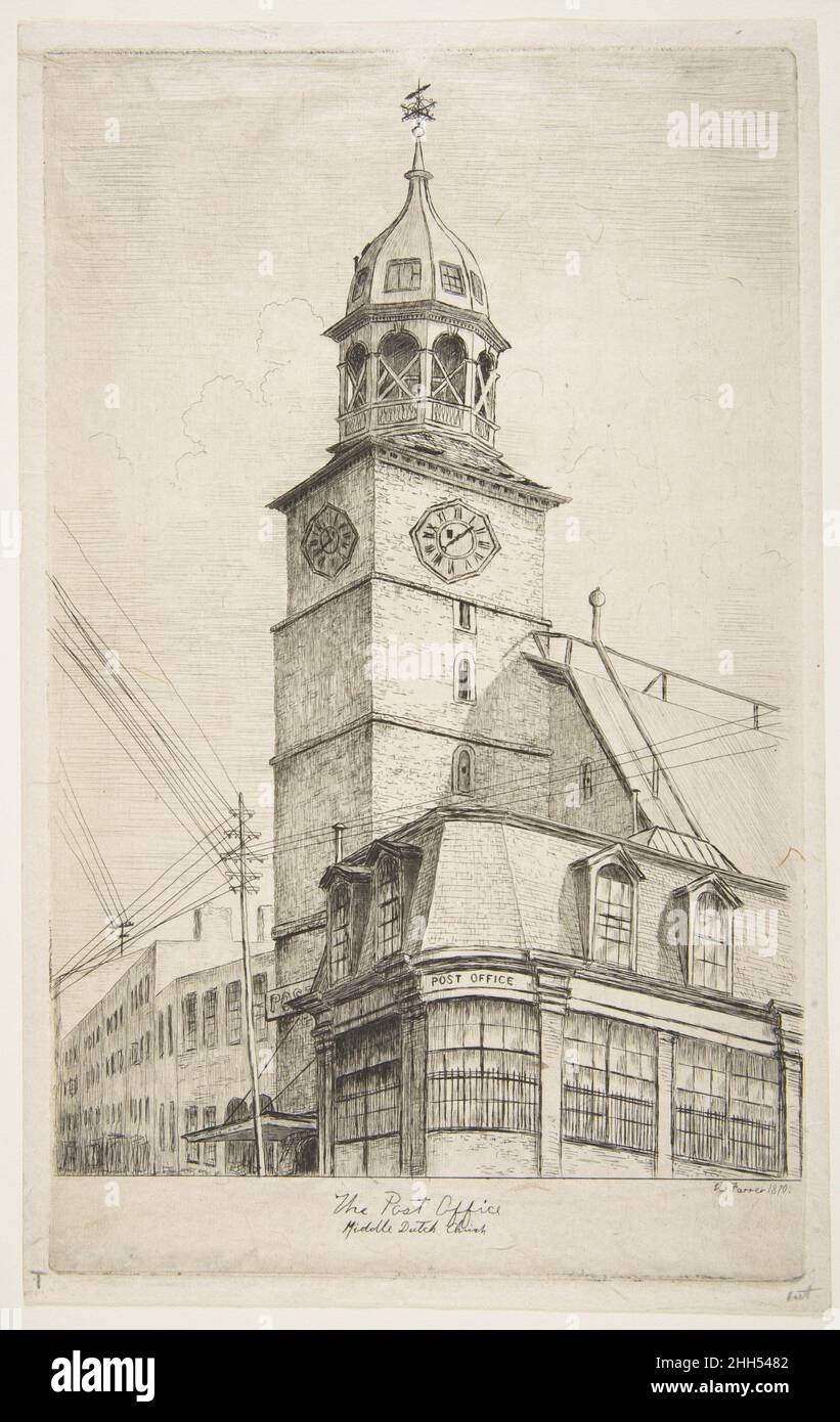 The Post Office, Middle Dutch Church (from Scenes of Old New York) 1870 Henry Farrer American. The Post Office, Middle Dutch Church (from Scenes of Old New York)  380983 Artist: Henry Farrer, American, London 1844?1903 New York, The Post Office, Middle Dutch Church (from Scenes of Old New York), 1870, Etching, plate: 8 3/4 x 5 3/8 in. (22.3 x 13.7 cm) sheet: 9 3/16 x 5 3/4 in. (23.3 x 14.6 cm). The Metropolitan Museum of Art, New York. The Edward W. C. Arnold Collection of New York Prints, Maps and Pictures, Bequest of Edward W. C. Arnold, 1954 (54.90.921) Stock Photo