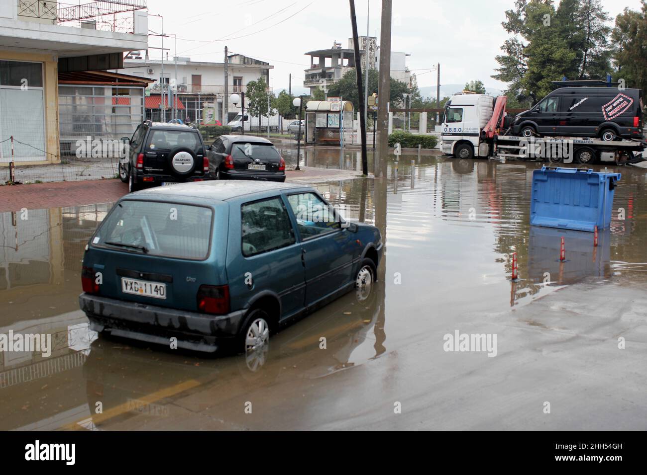 Flooded street after heavy rainfall - Spata, Attica, Greece, October 31 2019 Stock Photo