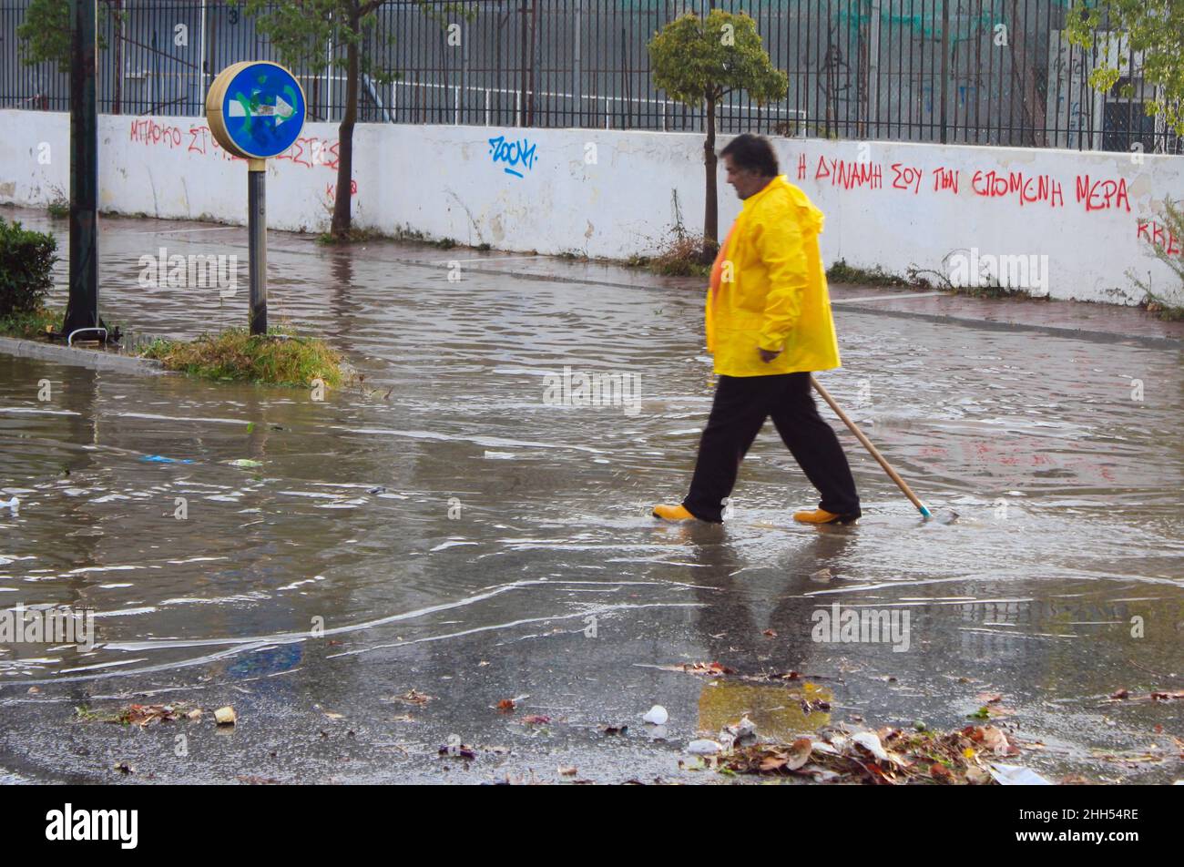 Flooded street after heavy rainfall - Spata, Attica, Greece, October 31 2019 Stock Photo
