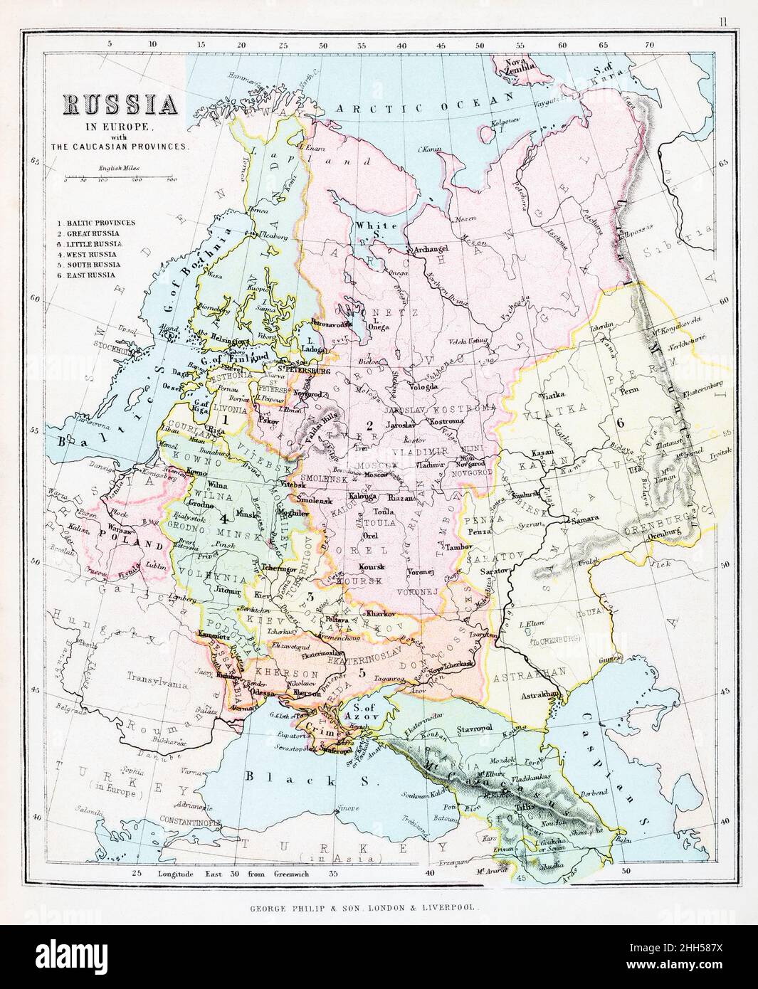 1870 19thcentury historical atlas map of Old Russia, preSoviet USSR