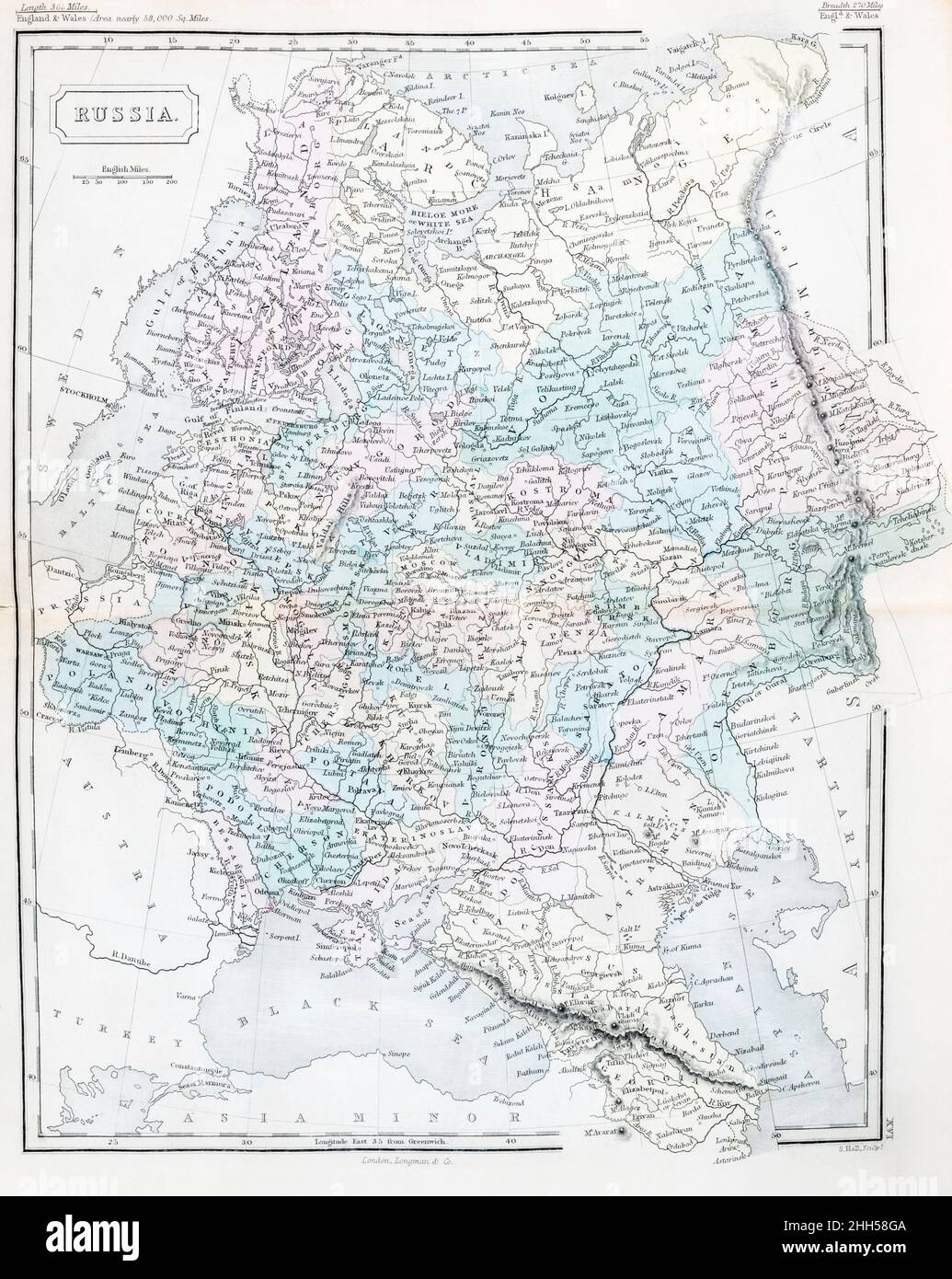 Mid 19th-century historical atlas map of Old Russia Empire, pre-Soviet USSR. For Russian history, current Ukraine events and Russian Crimea, Stock Photo