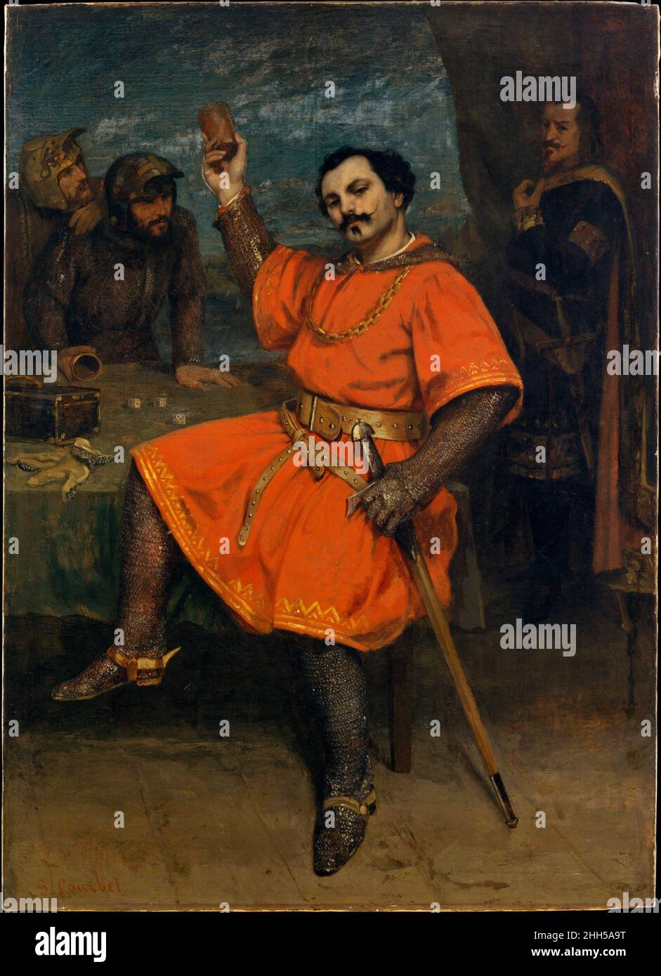 Louis Gueymard (1822–1880) as Robert le Diable 1857 Gustave Courbet French This painting, shown at the Salon of 1857, depicts the tenor Louis Gueymard in his most famous part, the title role of Meyerbeer’s opera Robert le Diable. The setting is the cavern where Robert plays dice with two servants of the devil while his father Bertram, an evil genius, looks on. In this scene Robert sings about the dangers of the lust for gold in the celebrated aria L’or est une chimère (Gold is but an illusion).. Louis Gueymard (1822–1880) as Robert le Diable. Gustave Courbet (French, Ornans 1819–1877 La Tour-d Stock Photo