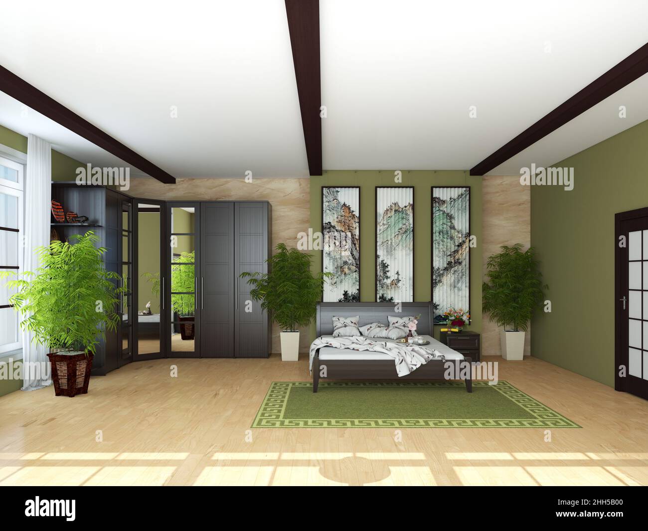 Bedroom Interior with Green Walls, Brown Wardrobe, Bed with Light Linens,  Bedside Table, Ladies Table with Mirror, Potted Plants and Hanging  Decorative Pano on the Wall. 3D Illustration, 7680x5760 Stock Photo -, image size:1300x1065