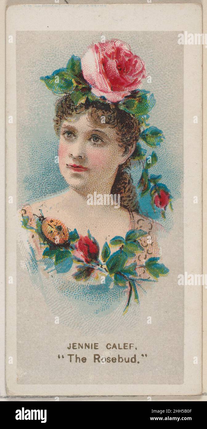 Jennie Calef as 'The Rosebud,' from the series Fancy Dress Ball Costumes (N73) for Duke brand cigarettes 1889 Issued by W. Duke, Sons & Co. American Trade cards from the 'Fancy Dress Ball Costumes' series (N73), issued in a set of 50 cards in 1889 to promote W. Duke Sons & Co. brand cigarettes.. Jennie Calef as 'The Rosebud,' from the series Fancy Dress Ball Costumes (N73) for Duke brand cigarettes. 1889. Commercial color lithograph. Issued by W. Duke, Sons & Co. (New York and Durham, N.C.) Stock Photo