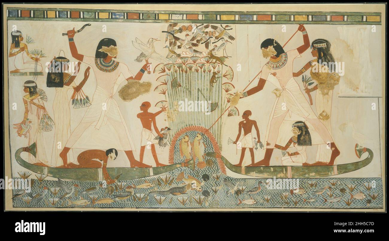 https://c8.alamy.com/comp/2HH5C7D/menna-and-family-hunting-in-the-marshes-tomb-of-menna-ad-1924-original-ca-14001352-bc-twentieth-century-original-new-kingdom-nina-de-garis-davies-copied-from-an-original-executed-in-painted-plaster-on-the-north-wall-of-mennas-tomb-chapel-this-facsimile-depicts-the-tomb-owner-fishing-and-fowling-in-the-papyrus-marshes-to-viewer-left-menna-holds-decoy-birds-in-one-hand-and-raises-a-throwstick-above-his-head-with-the-other-on-the-right-he-uses-a-long-spear-to-catch-two-large-fish-most-likely-tilapia-in-both-vignettes-he-is-poised-on-the-deck-of-a-papyrus-skiff-into-which-member-2HH5C7D.jpg