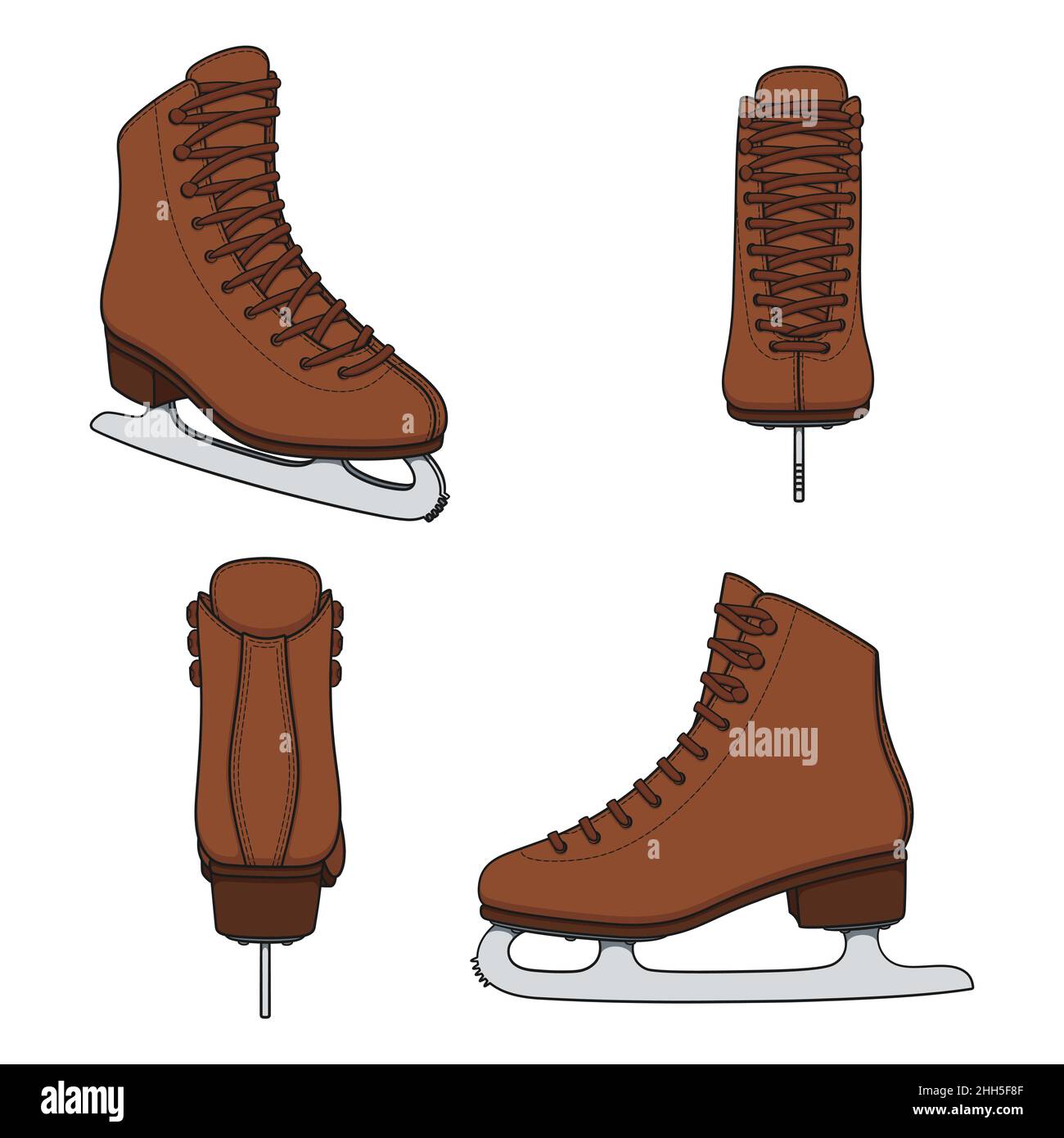 Set of color images with brown skates for figure skating. Isolated vector objects on a white background. Stock Vector