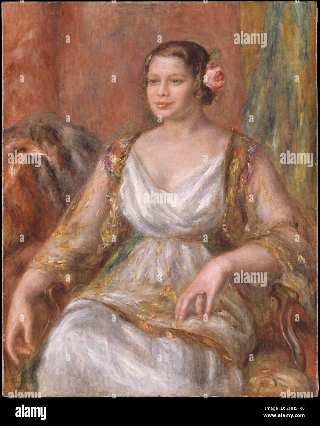 Tilla Durieux (Ottilie Godeffroy, 1880–1971) 1914 Auguste Renoir French In July 1914, just prior to the outbreak of World War I, the famous German actress Tilla Durieux traveled to Paris with her husband, the art dealer Paul Cassirer, to pose for Renoir. The classicizing, pyramidal format of this composition lends a certain grandeur to the sitter, attired in the costume that the couturier Poiret designed for her role as Eliza Doolittle in George Bernard Shaw’s Pygmalion in 1913. When Renoir painted this ambitious portrait, he was so crippled with arthritis that he had to sit in a wheelchair wi Stock Photo