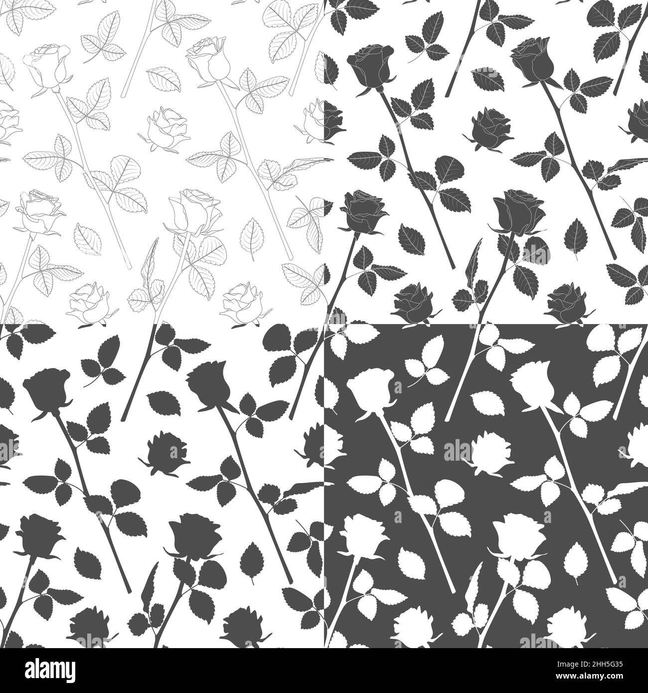 Set of black and white seamless patterns with flowers, roses. Vector ...