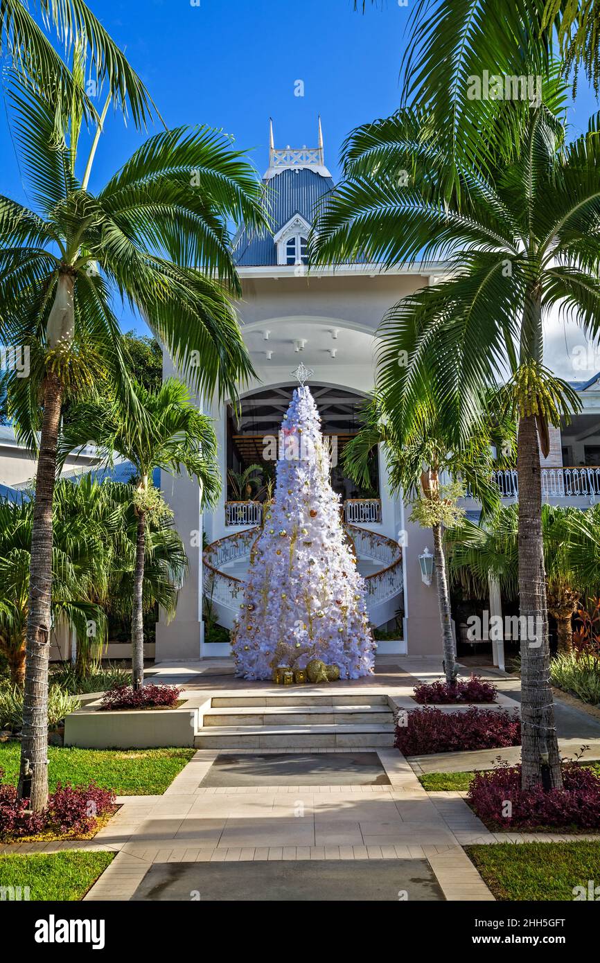 Christmas tree installed in a luxury tropical hotel, Mauritius, The