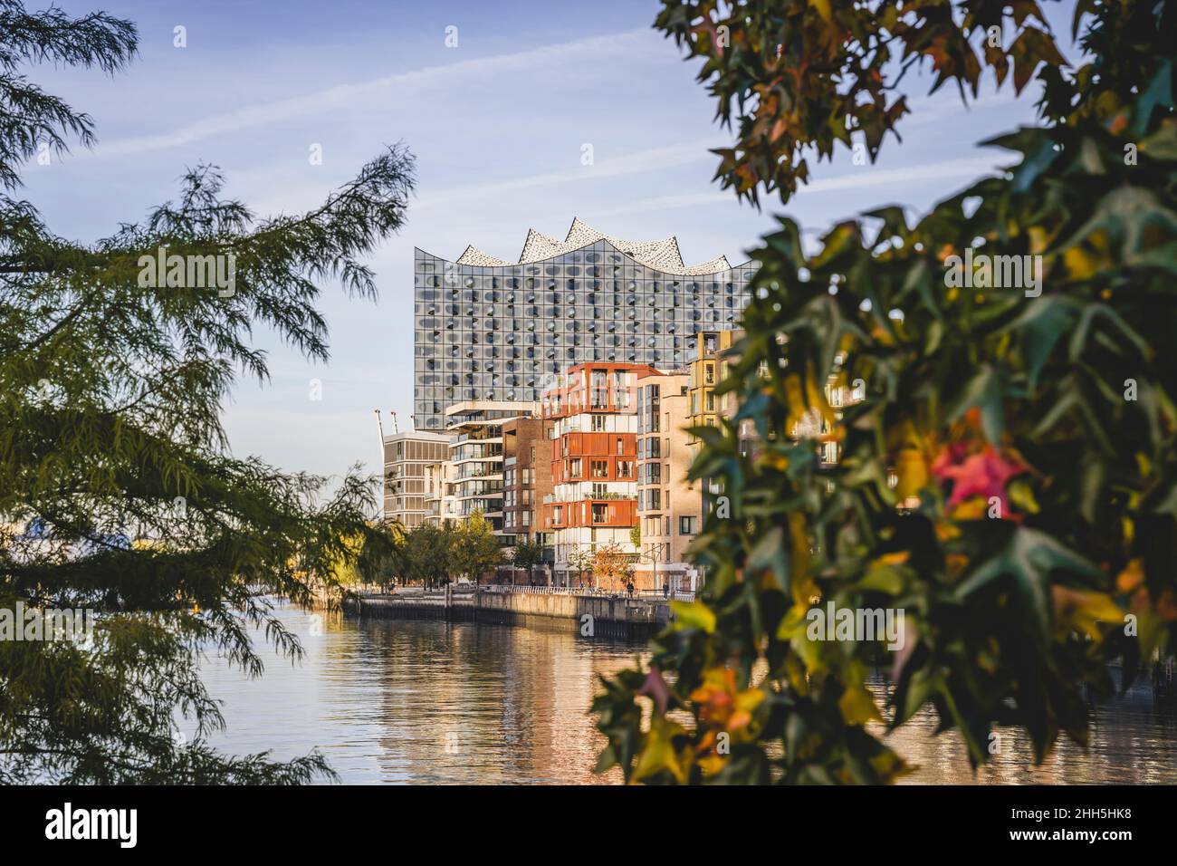 Germany, Hamburg, Elbe river canal with Elbphilharmonie in background Stock Photo