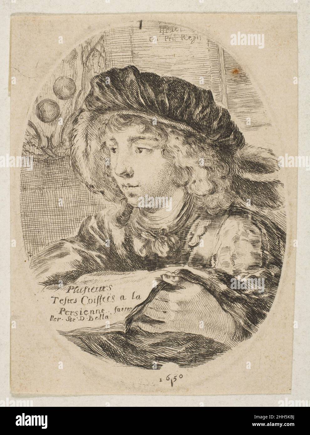 A bust of a young man wearing a cap with feathers, turned three-quarters to the left, the coat of arms of the Grand Duke of Tuscany in top left, title page from 'Several heads in the Persian style' (Plusieurs têtes coiffées à la persienne) 1650 Etched by Stefano della Bella Italian. A bust of a young man wearing a cap with feathers, turned three-quarters to the left, the coat of arms of the Grand Duke of Tuscany in top left, title page from 'Several heads in the Persian style' (Plusieurs têtes coiffées à la persienne)  376393 Stock Photo