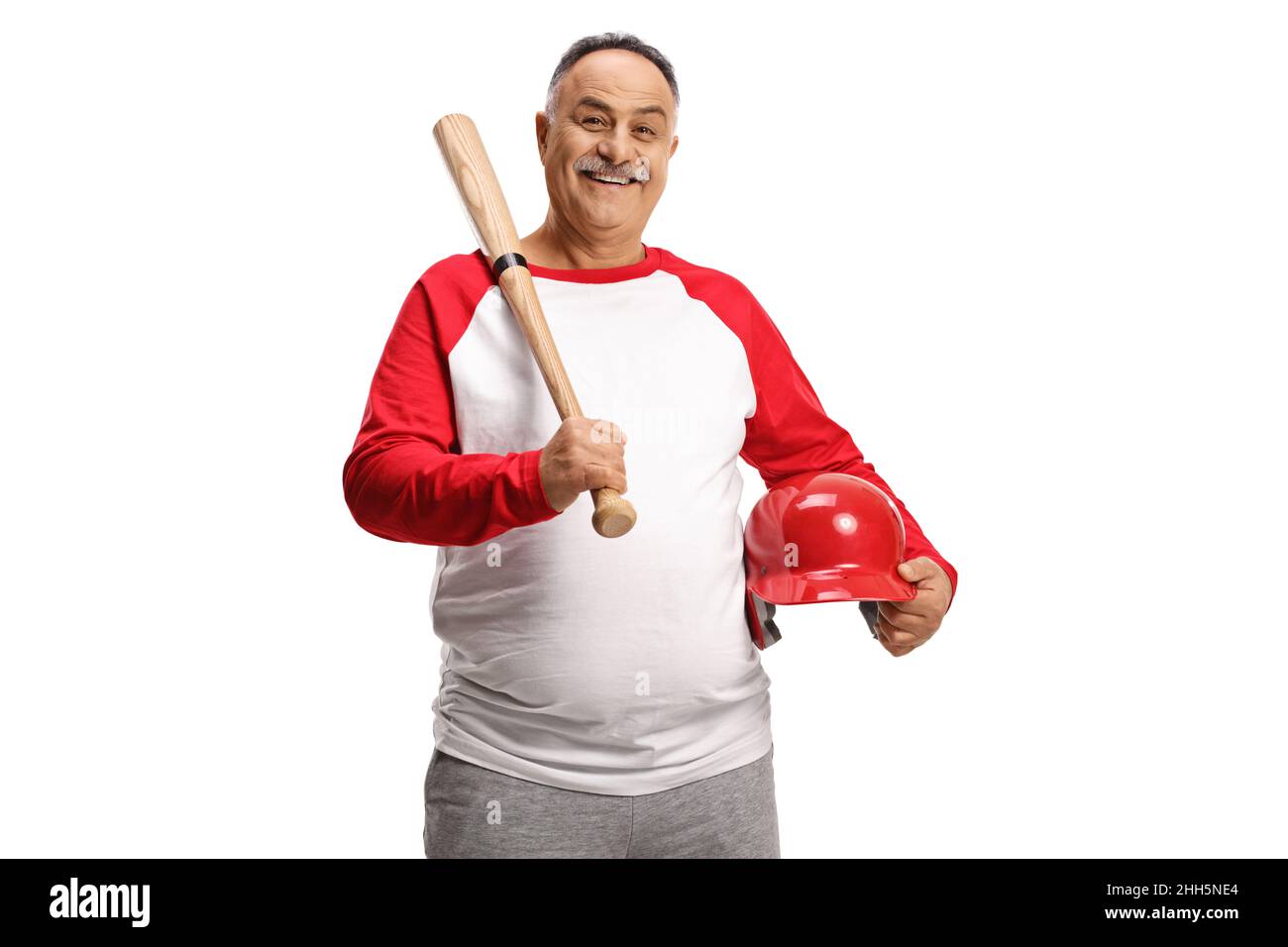 Mature man holding a baseball bat and a red helmet isolated on white background Stock Photo