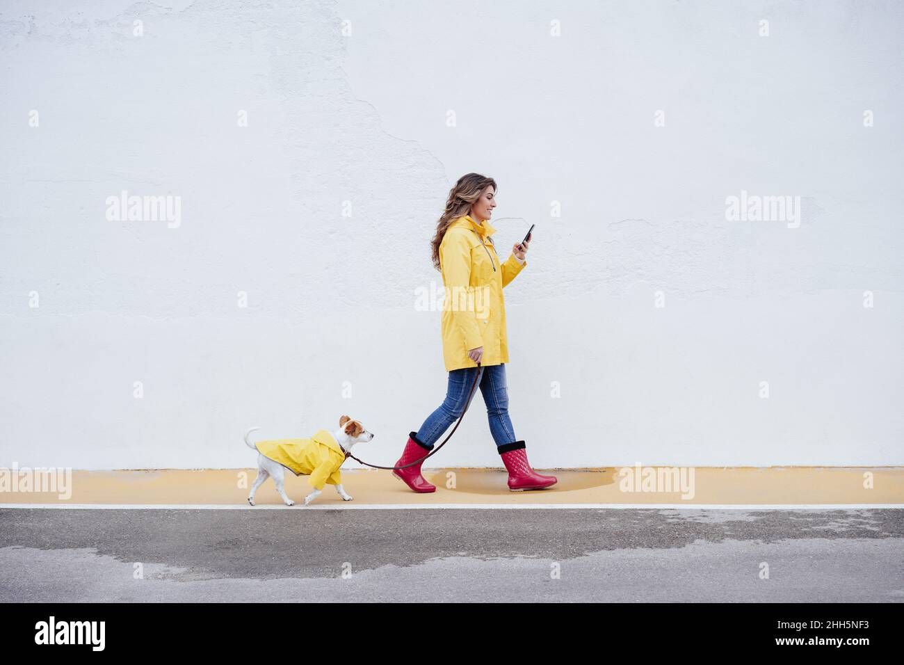 Young woman using mobile phone walking with dog on footpath Stock Photo