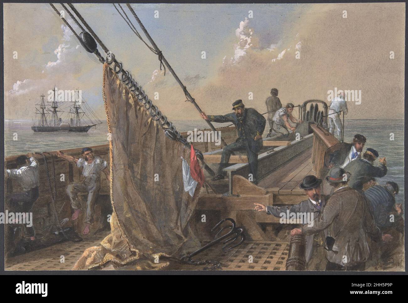 Forward Deck of the Great Eastern Cleared for the First Attempt to Grapple for the Lost Cable, August 11th, 1865 1865–66 Robert Charles Dudley British One of the 19th century's great technological achievements was to lay a telegraphic cable beneath the Atlantic, allowing messages to speed back and forth between North America and Europe in minutes, rather than ten or twelve days by steamer. An initially successful attempt in 1858, led by Cyrus W. Field and financed by the Atlantic Telegraph Company, failed after three weeks. Two working cables were finally laid in July and September 1866, the r Stock Photo