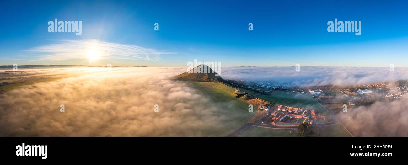 UK, Scotland, North Berwick, Drone panorama of North Berwick Law and surrounding fields Stock Photo