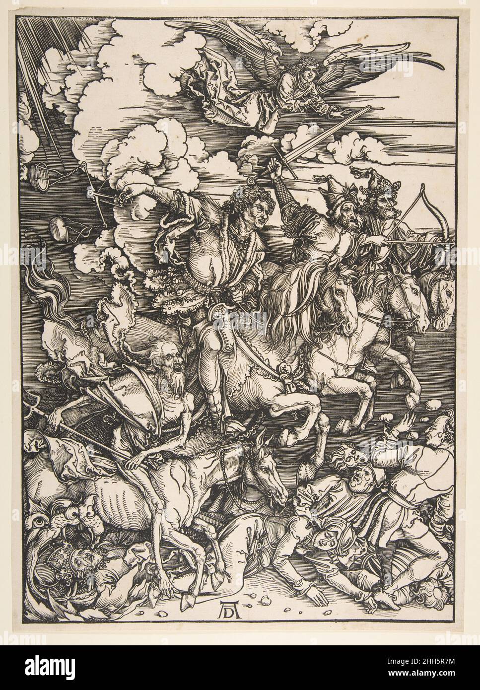 Four Horsemen of the Apocalypse ca. 1497/1498 Albrecht Dürer German The third woodcut from Dürer’s Apocalypse, the Four Horsemen presents a dramatically distilled version of the passage from the book of Revelation (6:1–8). Transforming what was a relatively staid and unthreatening image in earlier illustrated Bibles, Dürer injects motion and danger into this climactic moment through his subtle manipulation of the wood block. The parallel lines across the image establish a basic middle tone, against which the artist silhouettes and overlaps the powerful forms of the four horses and riders—from Stock Photo