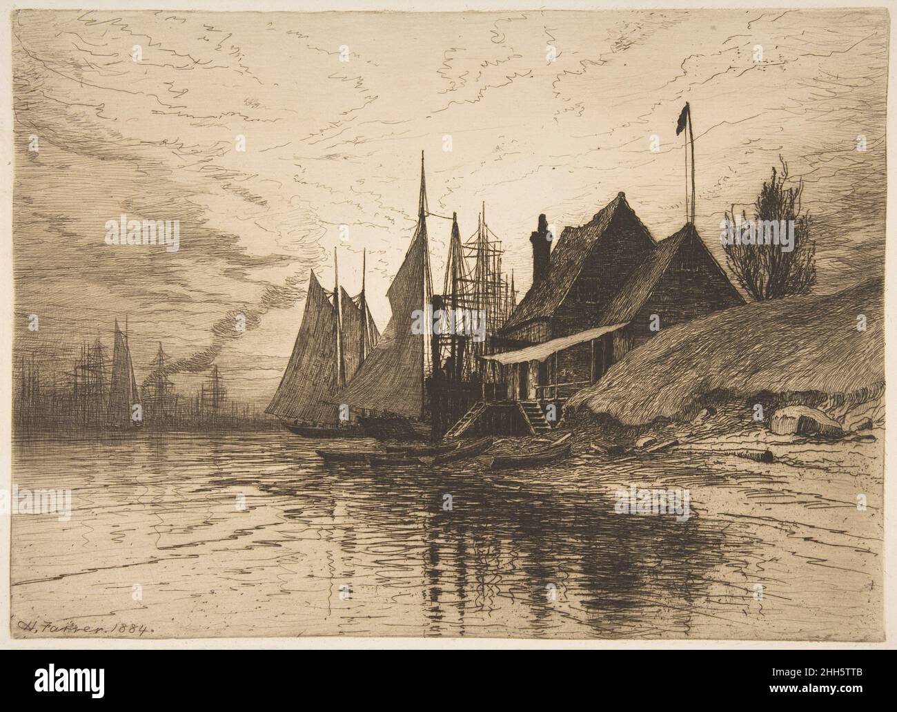 Evening, New York Harbor 1884 Henry Farrer American. Evening, New York Harbor  381008 Artist: Henry Farrer, American, London 1844?1903 New York, Evening, New York Harbor, 1884, Etching, Plate: 9 3/4 ? 13 7/16 in. (24.7 ? 34.2 cm) Sheet: 14 1/16 x 18 1/8 in. (35.7 x 46.1 cm). The Metropolitan Museum of Art, New York. The Edward W. C. Arnold Collection of New York Prints, Maps and Pictures, Bequest of Edward W. C. Arnold, 1954 (54.90.946) Stock Photo