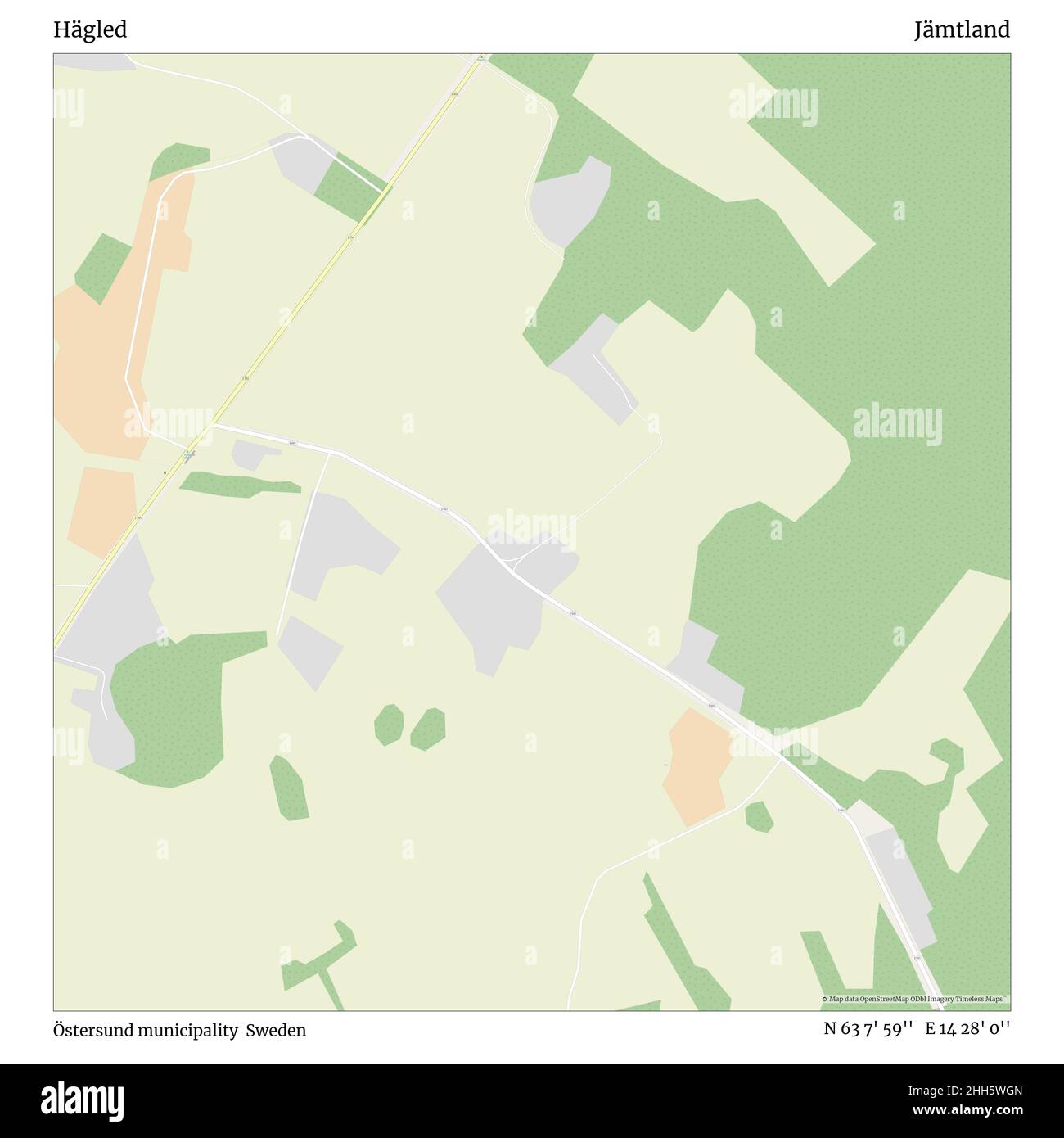 Hägled, Östersund municipality, Sweden, Jämtland, N 63 7' 59'', E 14 28' 0'', map, Timeless Map published in 2021. Travelers, explorers and adventurers like Florence Nightingale, David Livingstone, Ernest Shackleton, Lewis and Clark and Sherlock Holmes relied on maps to plan travels to the world's most remote corners, Timeless Maps is mapping most locations on the globe, showing the achievement of great dreams. Stock Photo