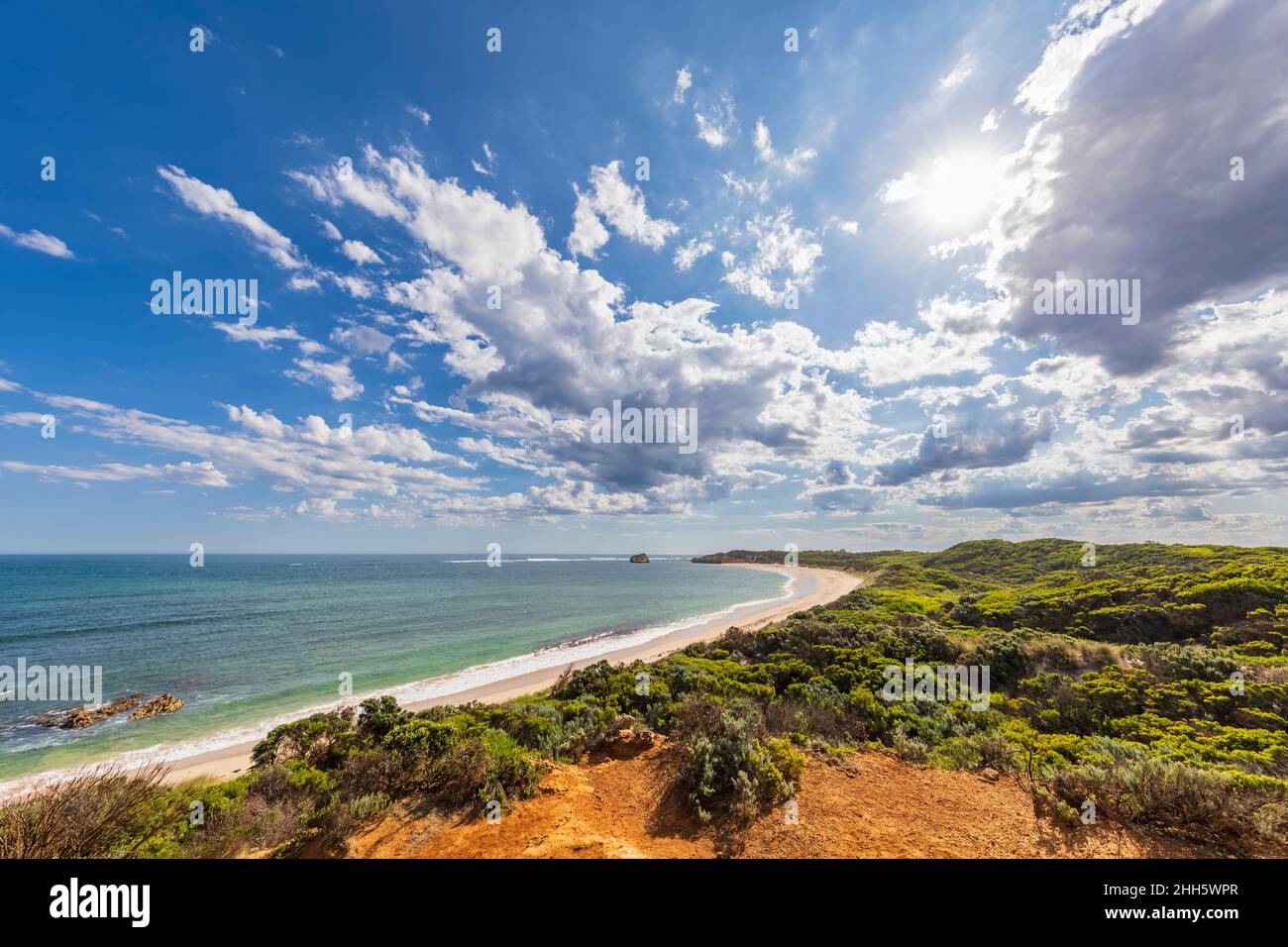 Australia, Victoria, Summer clouds over coastal landscape of Bay of Martyrs Stock Photo