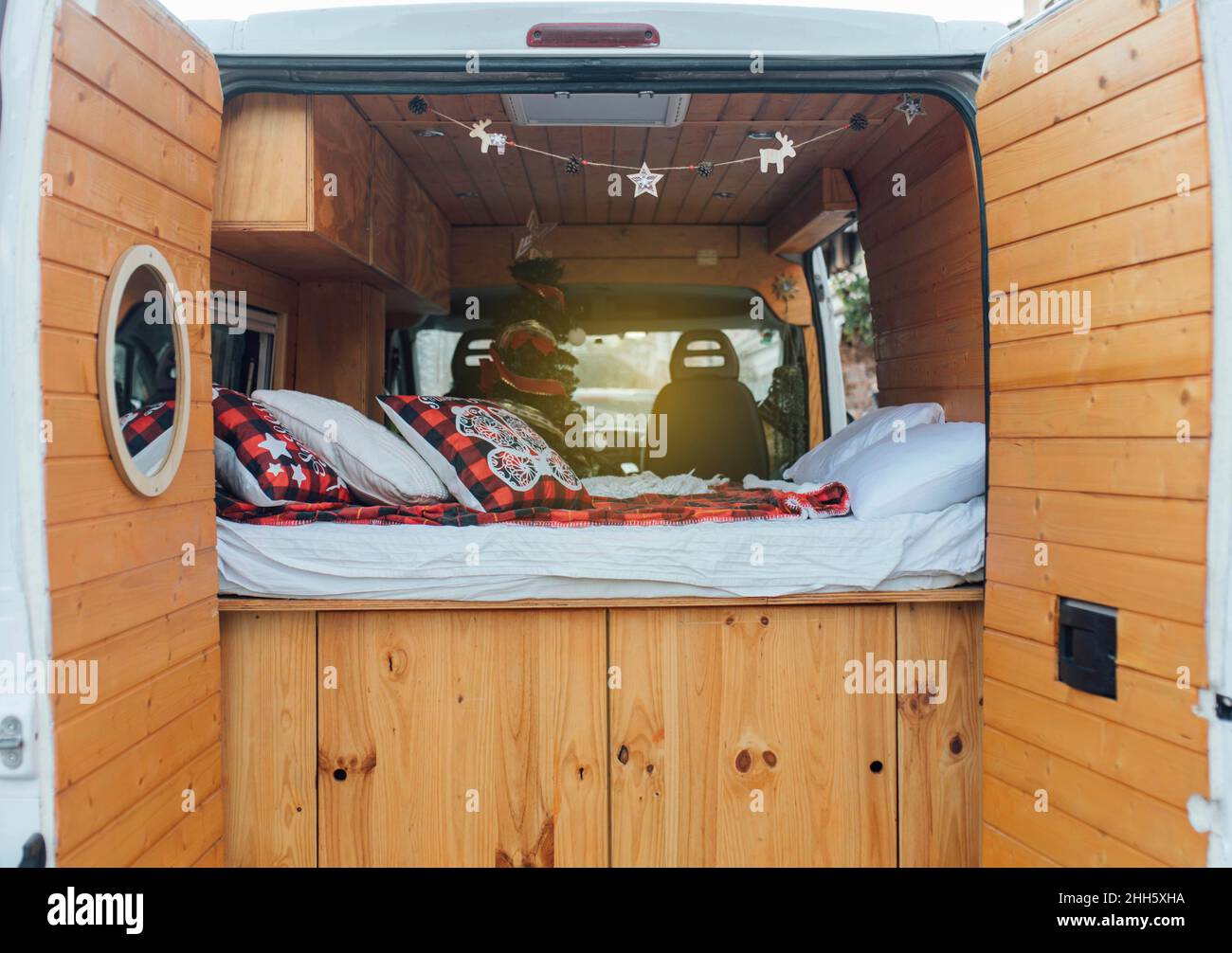 Pillows on bed in motor home Stock Photo