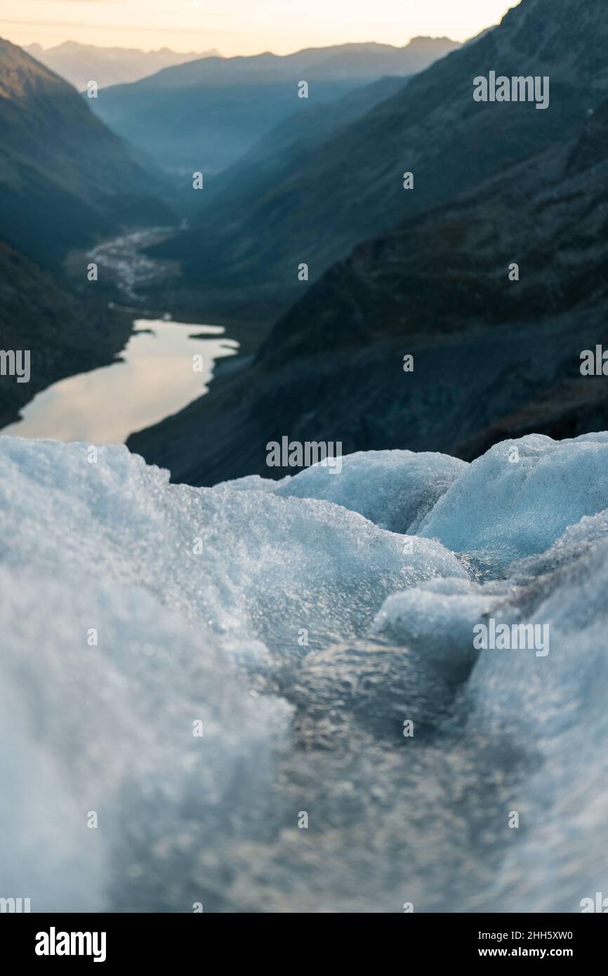 The run of the water from the glacier down to the lake. Roseggletscher, Schweiz Stock Photo