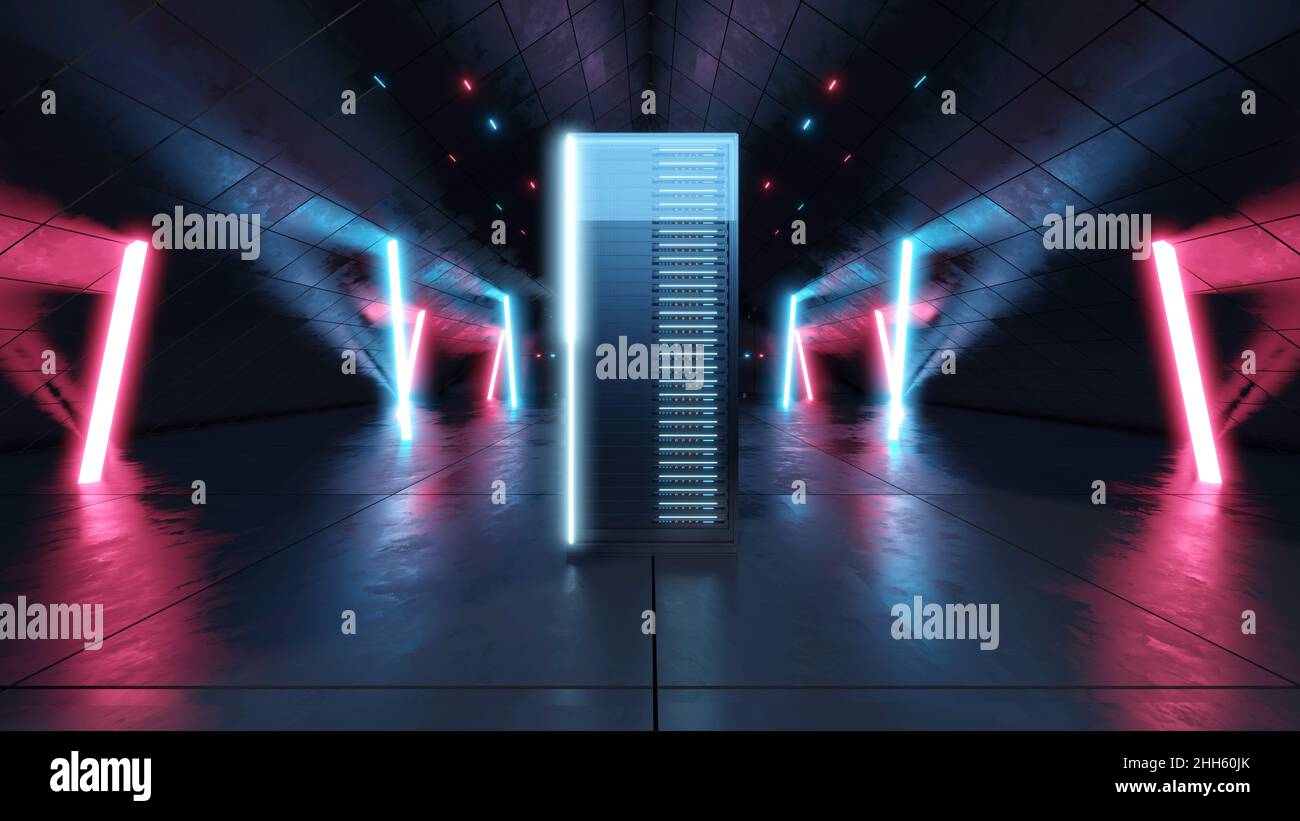 Three dimensional render of network server standing inside dark room illuminated with blue and pink neon lights Stock Photo