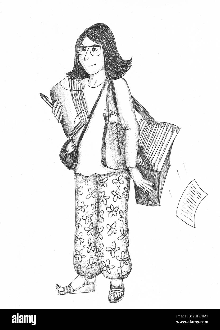 Teacher carrying bags full of exams. Illustration. Stock Photo