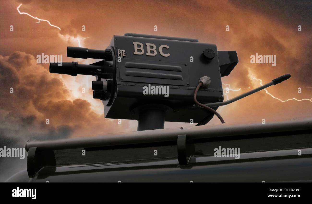 Composite image of a fifties BBC camera in a lightning storm. Photo by John Robertson. Stock Photo