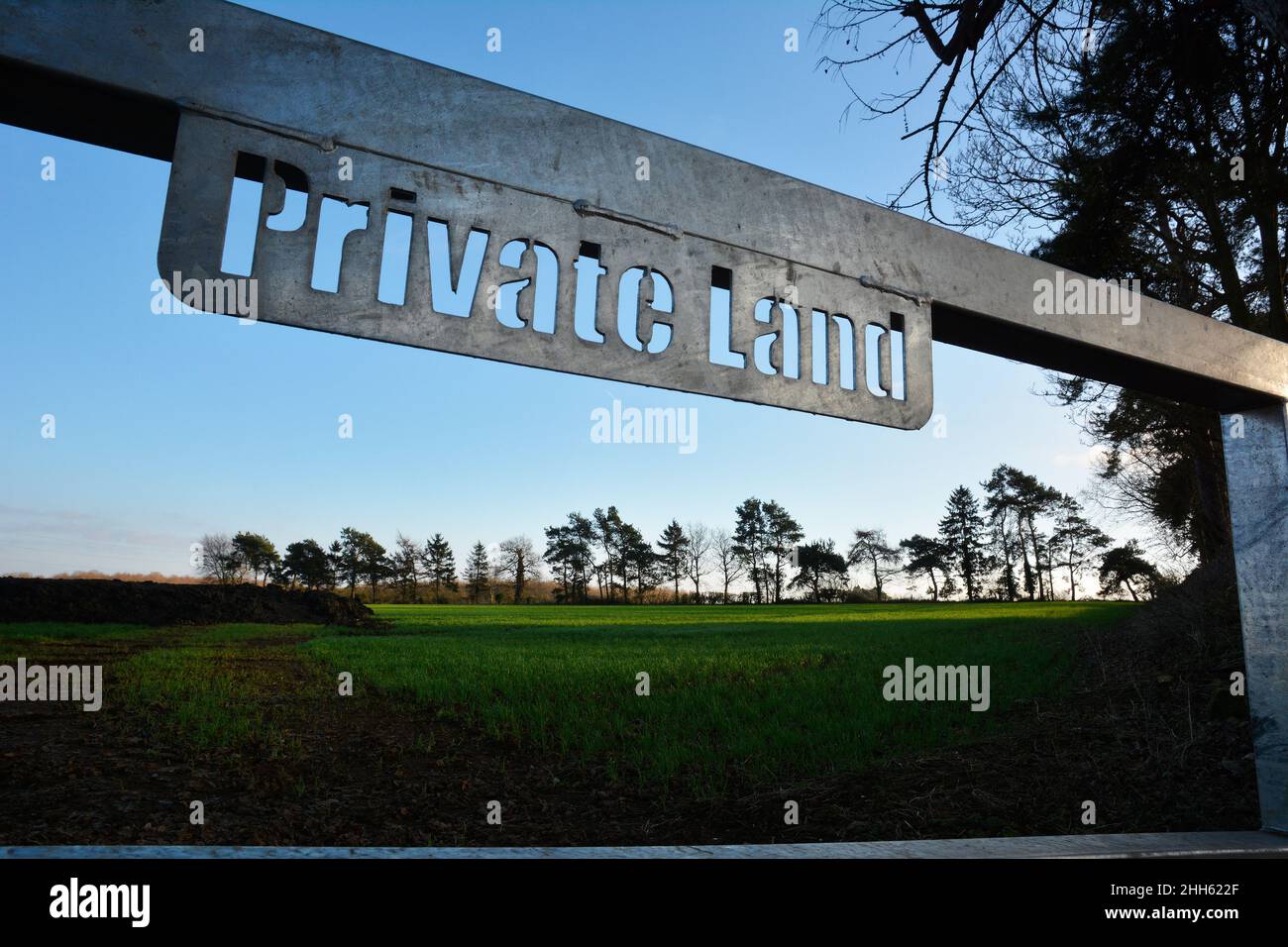 A sign warning of private land ownership, Harrington, Northamptonshire, UK. Stock Photo