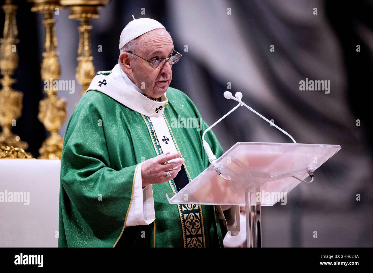 Pope Francis, celebrates Holy Mass in the Vatican Basilica of St. Peter, on the Sunday of the Word of God.January 23, 2022 Stock Photo