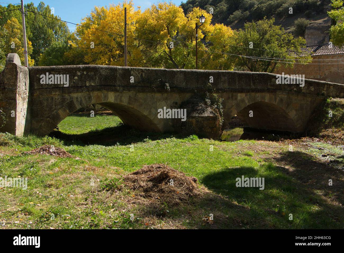 Stone bridge in the village La Cabrera in park Barranco del Rio Dulce, Guadalajara,Spain,Europe Stock Photo