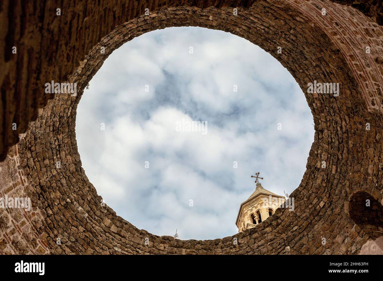 Bell tower from inside of old ruin, Diocletian's Palace, Split, Dalmatia, Croatia Stock Photo