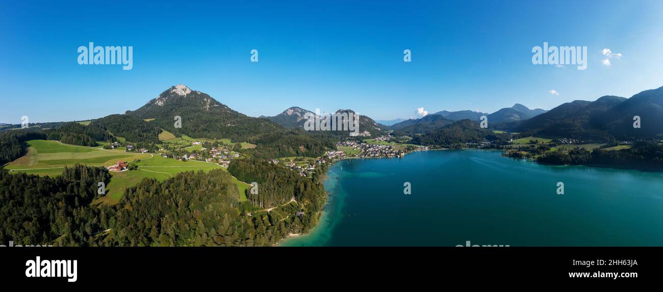 Austria, Salzburg, Fuschl am See, Drone panorama of Lake Fuschl in summer Stock Photo