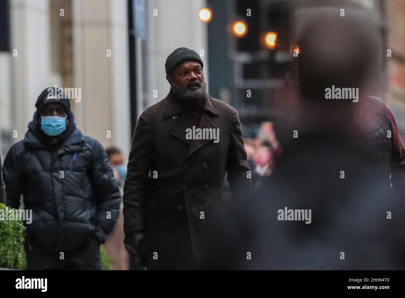 Actor Samuel L. Jackson on set for filming of the new upcoming television miniseries ‘Secret Invasion’ - Bond Court, Leeds City Centre Stock Photo