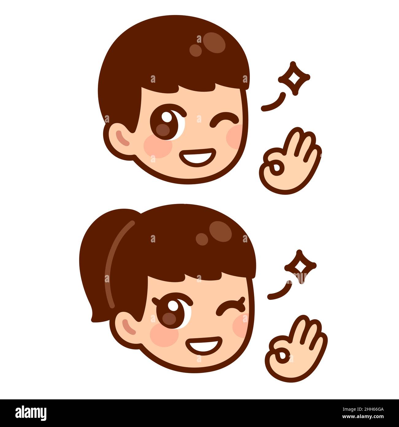 Cute anime boy and girl winking and making OK sign. Simple kawaii face cartoon illustration. Stock Vector