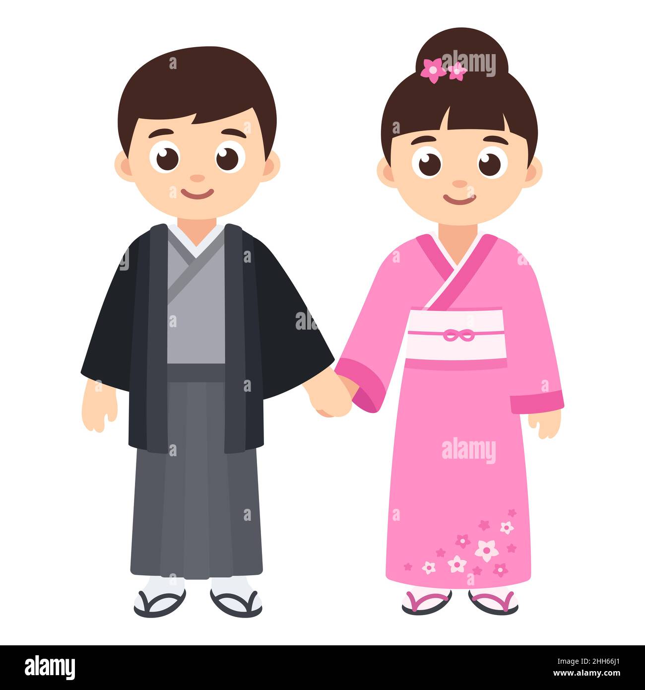 Cute boy and girl in national costume of Japan. Cartoon children in traditional Japanese kimono holding hands. Vector clip art illustration. Stock Vector