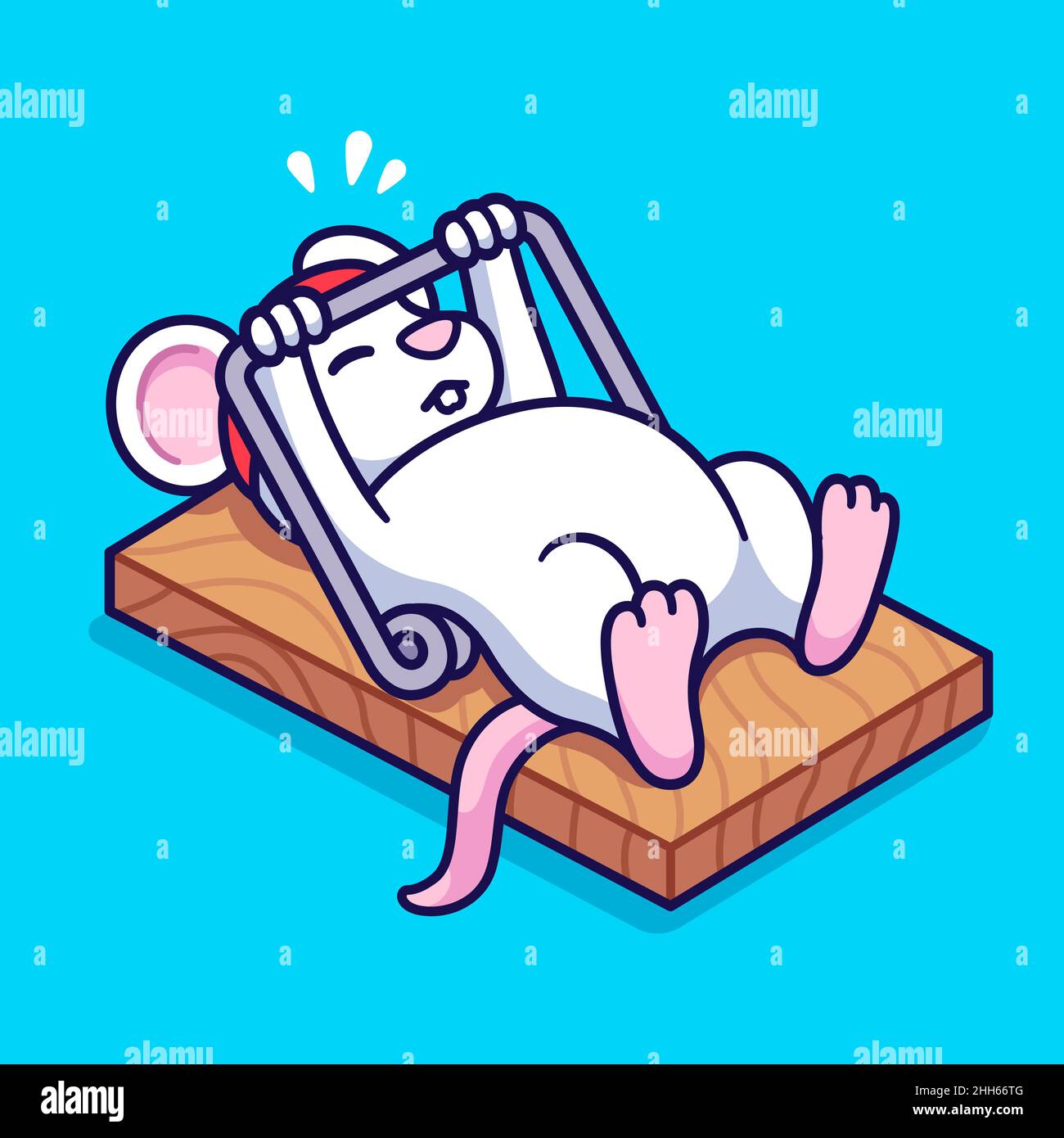 Gym rat workout, cute cartoon mouse bench pressing mousetrap. Funny
