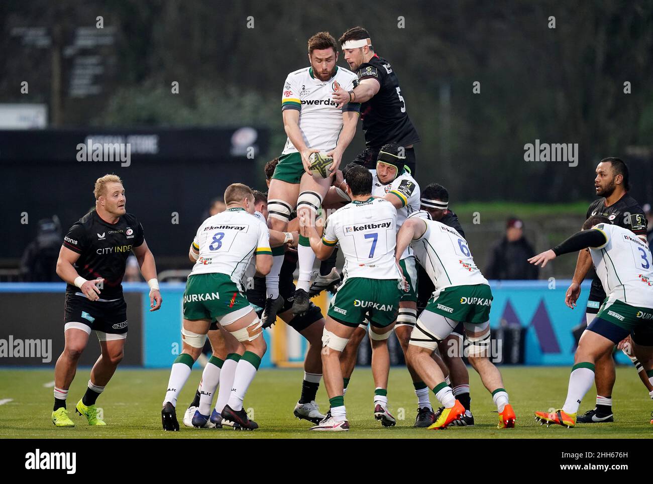 London Irish's George Nott wins a line out from Saracens' Callum Hunter ...