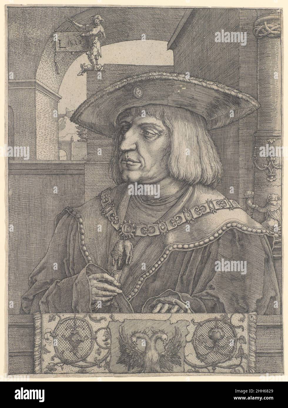 Maximilian I 1520 Lucas van Leyden Netherlandish This sensitive portrayal of the Holy Roman Emperor Maximilian I, produced in commemoration of his death in 1519, is one of Lucas's most technically innovative works. It demonstrates how, for the first time in Northern Europe, an artist combined the techniques of etching and engraving. Etching allowed Lucas greater freedom of draftsmanship, but at the time the print was made, its use as a printmaking technique was still rather new. He therefore turned to engraving in the areas that required greater precision. Thus, the artist engraved Maximilian' Stock Photo