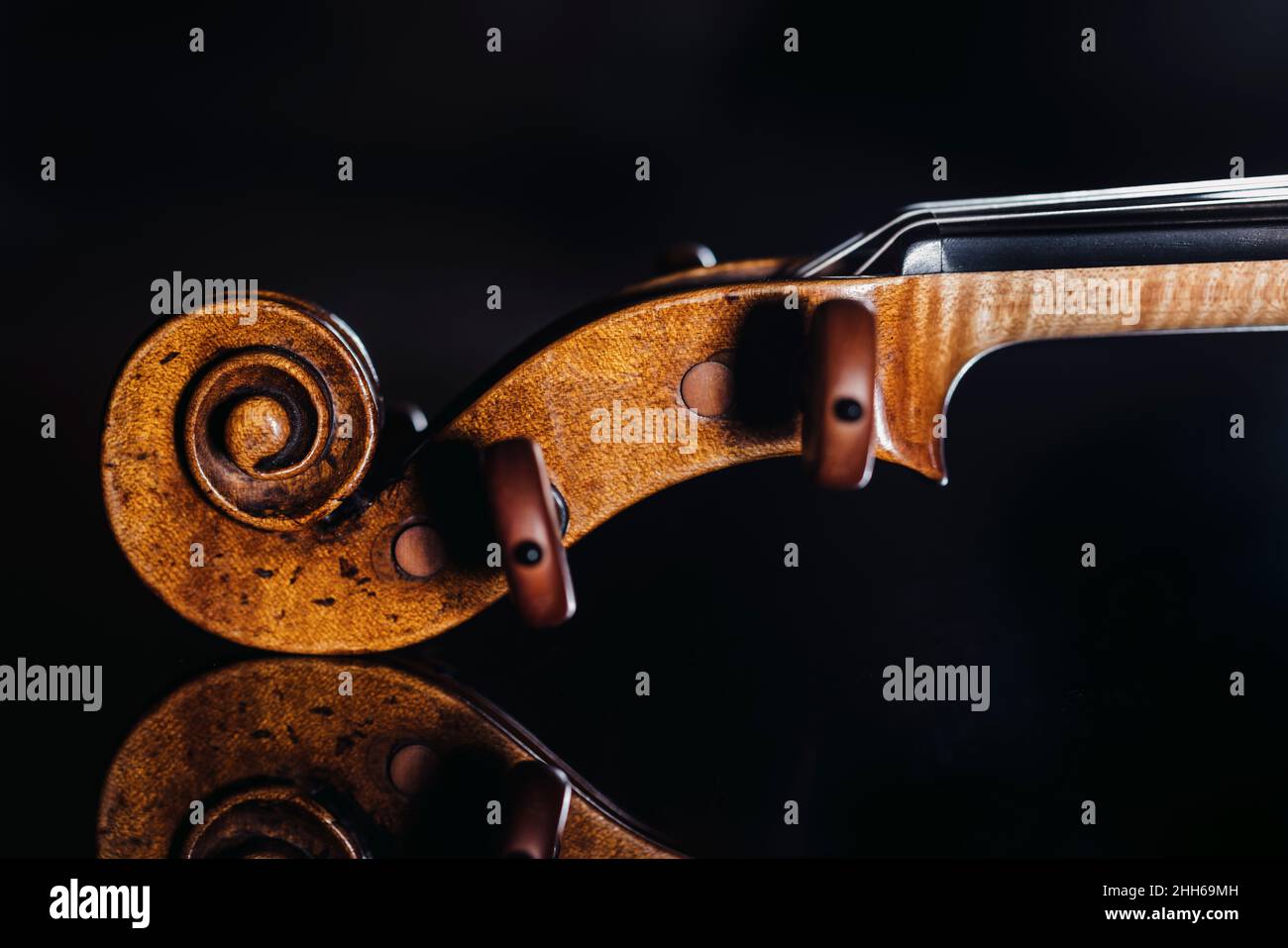 Studio shot of violin scroll and tuning pegs Stock Photo Alamy