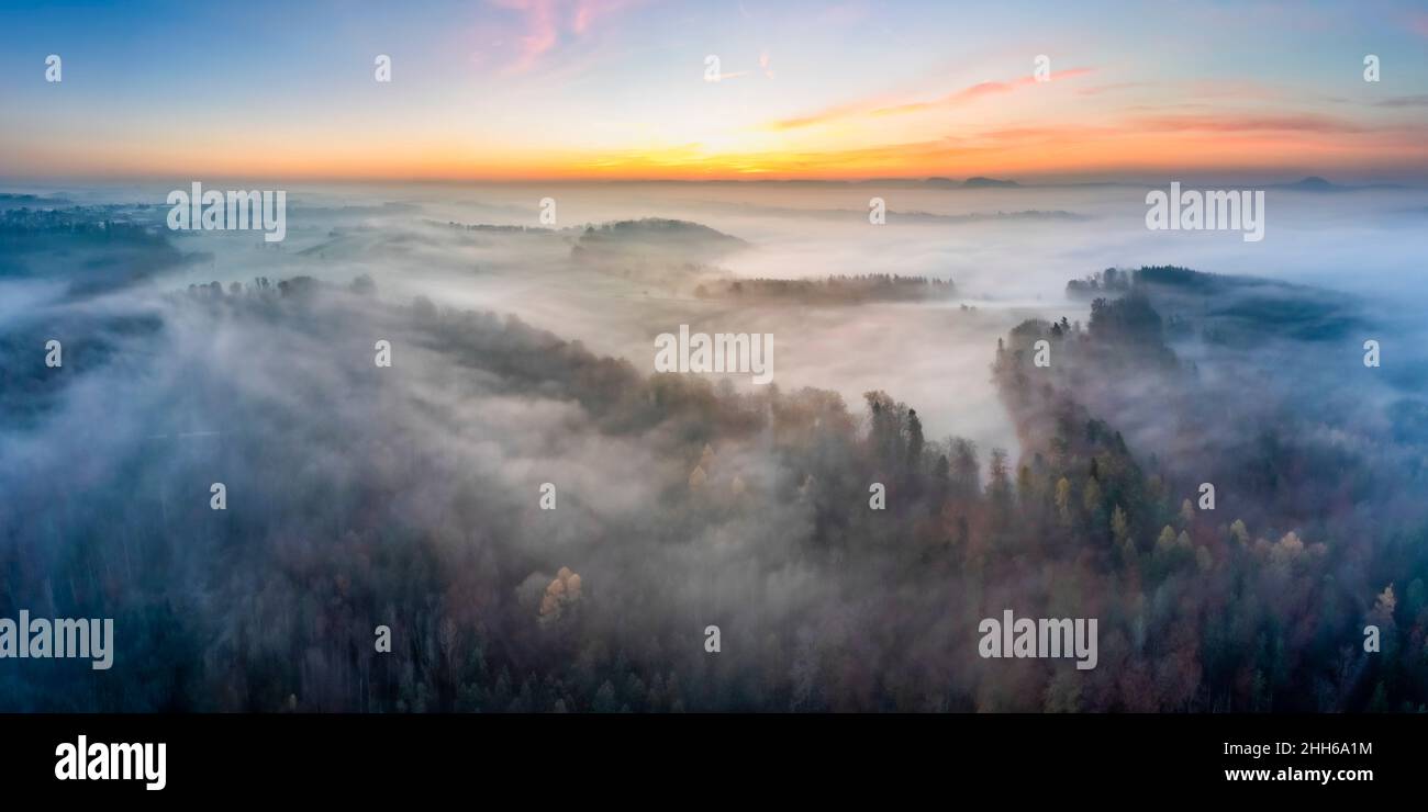 Aerial view autumn forest shrouded fog hi-res stock photography and ...