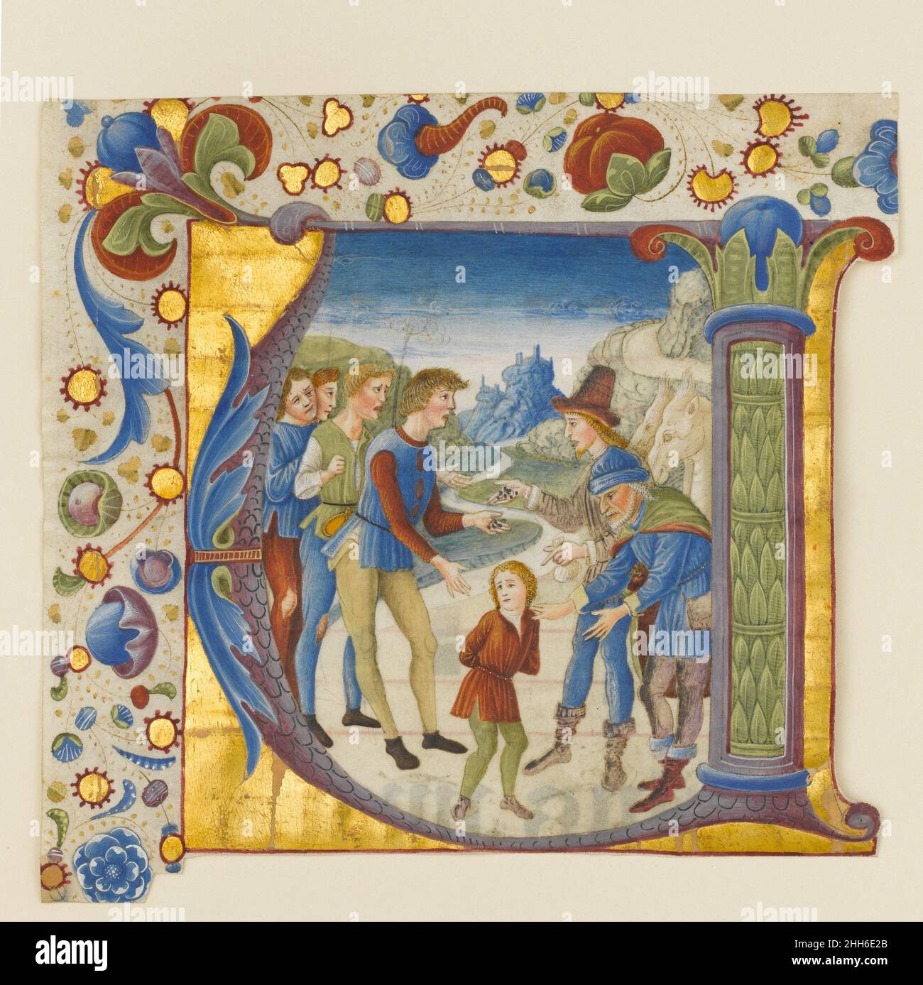 Manuscript Illumination with Joseph Sold by His Brothers in an Initial V, from an Antiphonary ca. 1490 Giovanni Pietro da Cemmo Italian. Manuscript Illumination with Joseph Sold by His Brothers in an Initial V, from an Antiphonary  468925 Stock Photo
