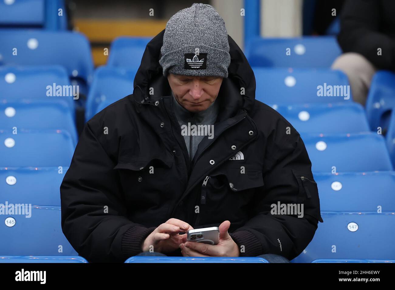23rd January 2022: Stamford bridge, Chelsea, London, England: Premier league football, Chelsea v Tottenham Hotspur: A fan checks his phone with no face mask on in the stands Stock Photo