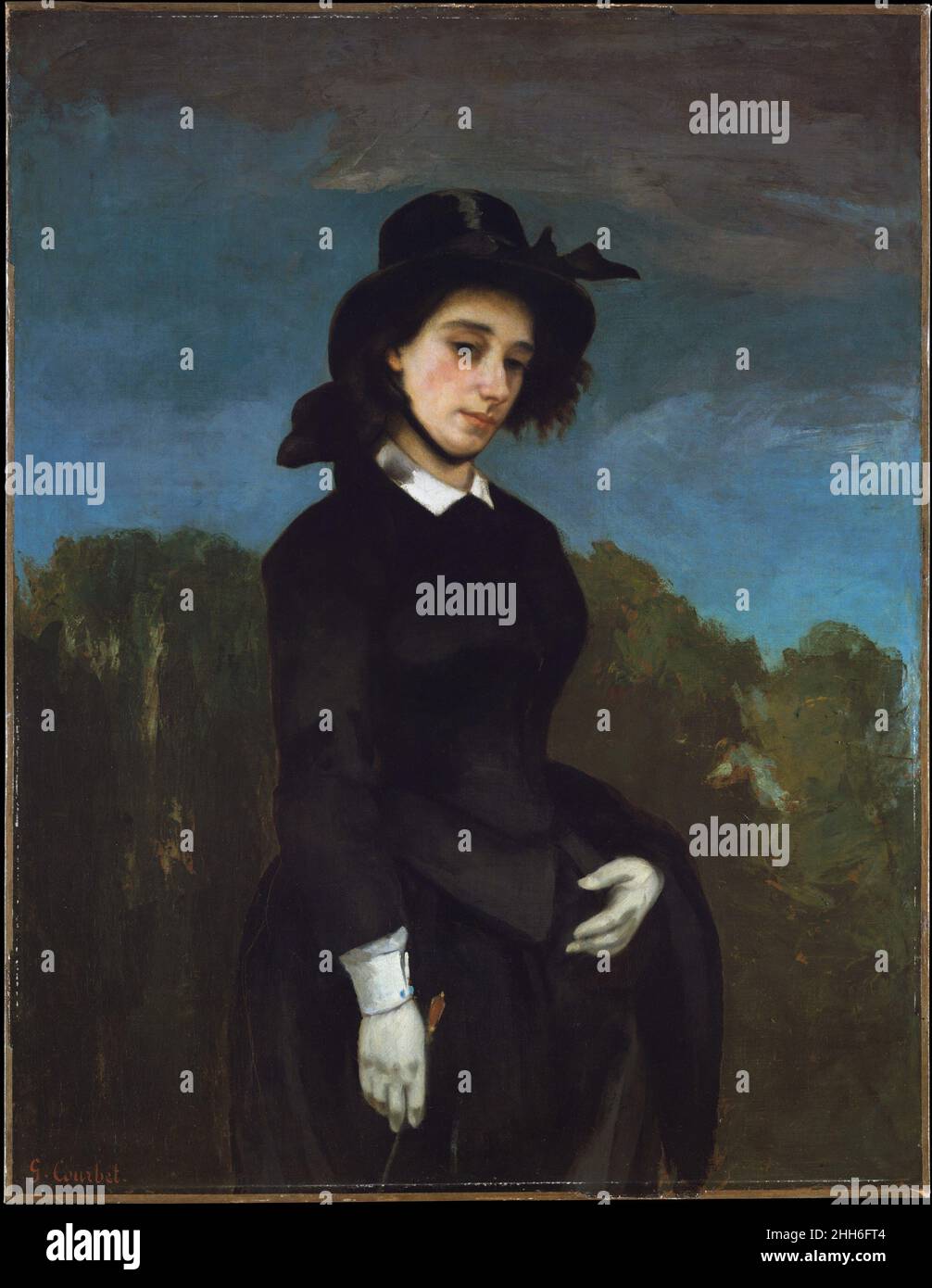 Woman in a Riding Habit (L'Amazone) 1856 Gustave Courbet French This painting of a horsewoman (in French, amazone) was long thought to represent the poet and novelist Louise Colet, muse of writer Gustave Flaubert. However, the sitter has since been identified as Madame Clément Laurier. This work, made on the occasion of her marriage in 1856, forms a pair with Courbet’s portrait of her husband (1855, Milwaukee Art Museum). The artist Mary Cassatt admired this picture as 'the finest woman’s portrait Courbet ever did.'. Woman in a Riding Habit (L'Amazone). Gustave Courbet (French, Ornans 1819–187 Stock Photo