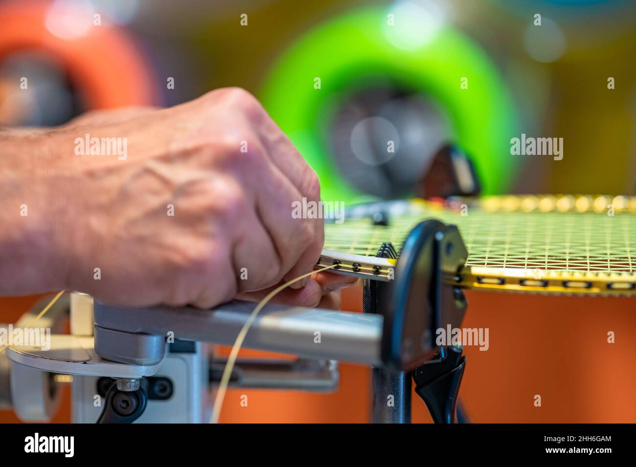 badminton racket repair and weaving Stock Photo Alamy