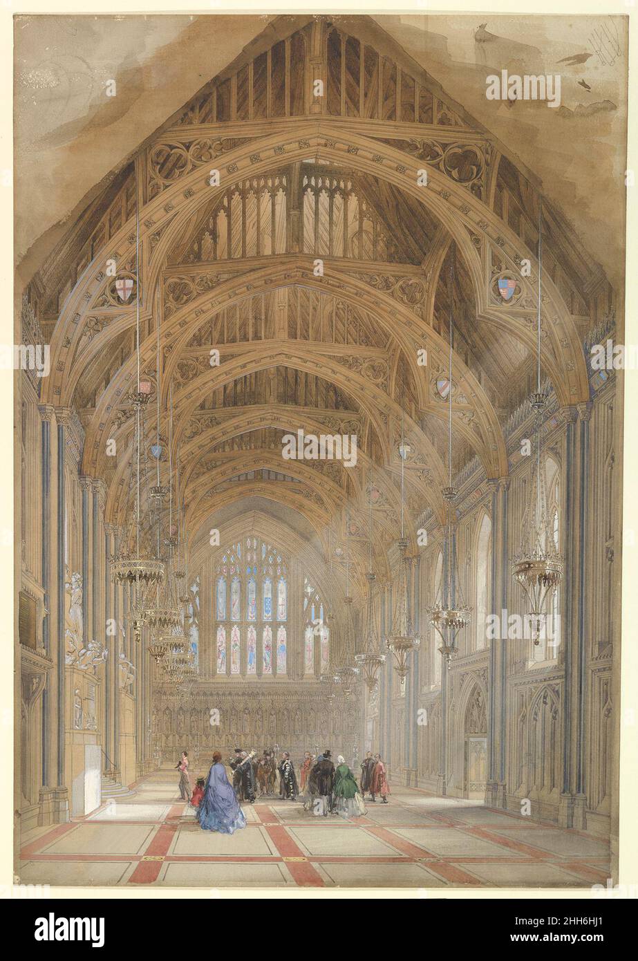 Guildhall, London: The Great Hall, Facing East ca. 1864 Sir Horace Jones British. Guildhall, London: The Great Hall, Facing East. Sir Horace Jones (British, London 1819–1887 London). ca. 1864. Watercolor, pen and ink, graphite. Drawings Stock Photo