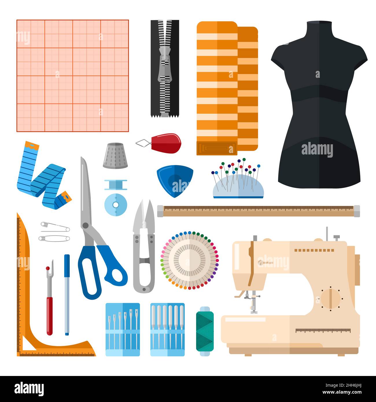 Needlework. Sewing accessories and embroidery equipment. Sewing machine,  fabrics, threads, spools, buttons. Tailors handicraft tools vector set.  Different tools for fashion designer Stock Vector Image & Art - Alamy