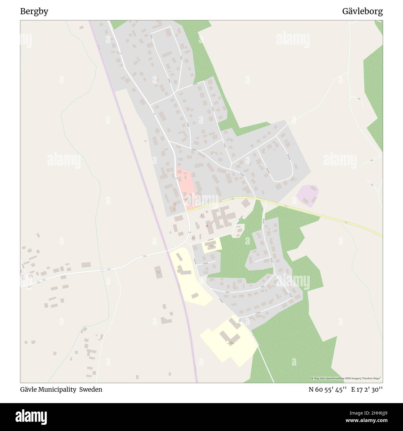 Bergby, Gävle Municipality, Sweden, Gävleborg, N 60 55' 45'', E 17 2' 30'', map, Timeless Map published in 2021. Travelers, explorers and adventurers like Florence Nightingale, David Livingstone, Ernest Shackleton, Lewis and Clark and Sherlock Holmes relied on maps to plan travels to the world's most remote corners, Timeless Maps is mapping most locations on the globe, showing the achievement of great dreams. Stock Photo