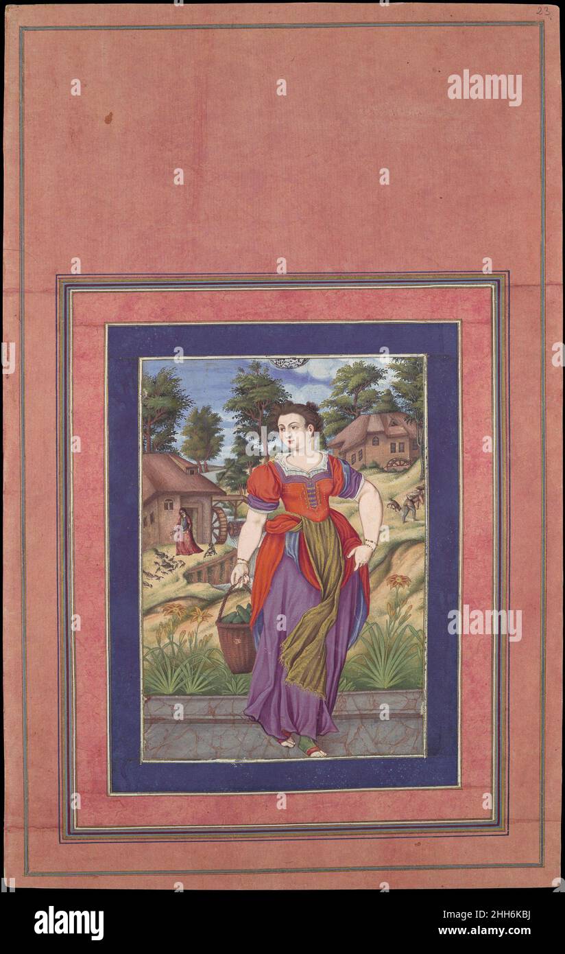'Summer, from a Series of the Four Seasons', Folio from the Davis Album ca. 1660–70 Attributed to 'Ali Quli Jabbadar In the foreground a standing woman turns her head slightly to her right. She holds a basket of cucumbers in her right hand while lifting her dress with her left. The woman's dress and pose and the thatched buildings in the background, which include a barnyard with chickens, a water wheel and two figures, suggest that this painting is based on a European, possibly Flemish, allegory of one of the four seasons, summer. Although the painting is not signed, the palette, composition a Stock Photo